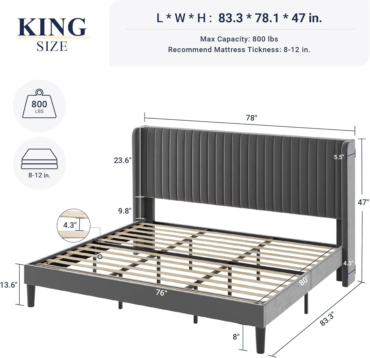 Cadre de lit Allewie en velours pleine grandeur/tête de lit capitonnée à oreilles verticales/lit plateforme rembourré/lattes en bois robustes