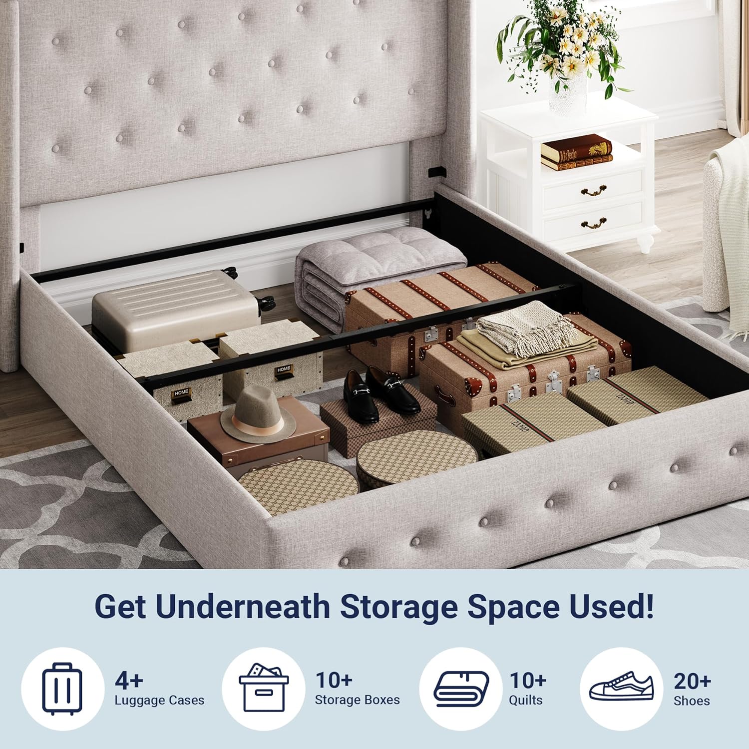 Lit queen-size relevable avec rangement Allewie, tête de lit à oreilles moderne et support hydraulique