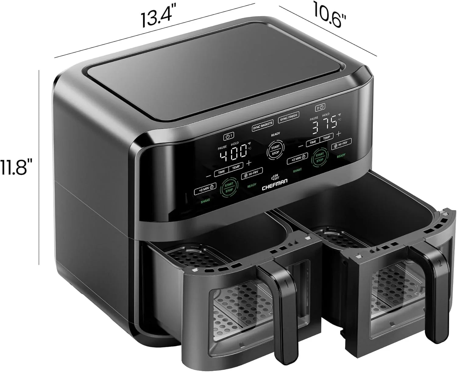 De Chefman airfryer met dubbele mand van 6 liter en Easy View-venster gebruikt twee aparte antiaanbakpannen van 3 liter. 