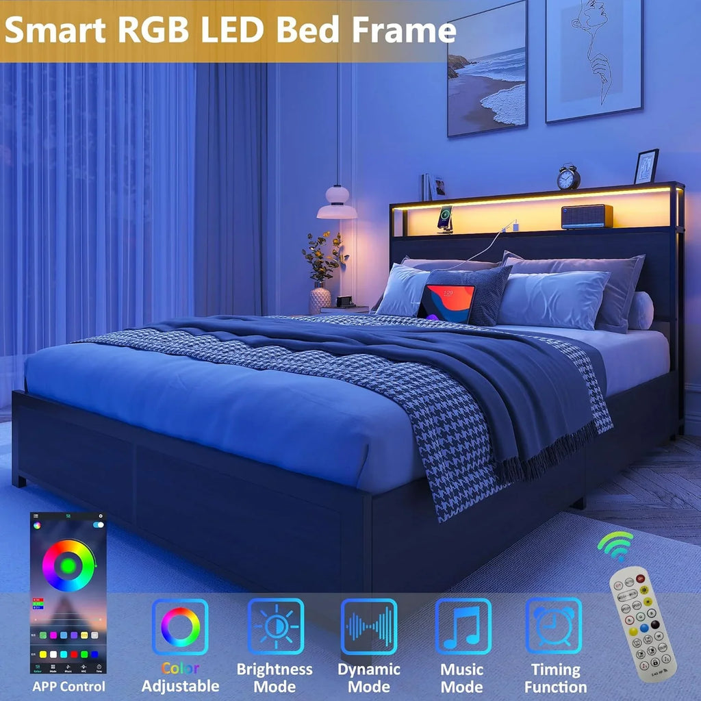 Cadre de lit Queen Lifezone avec tête de lit double et plateau de rangement en métal