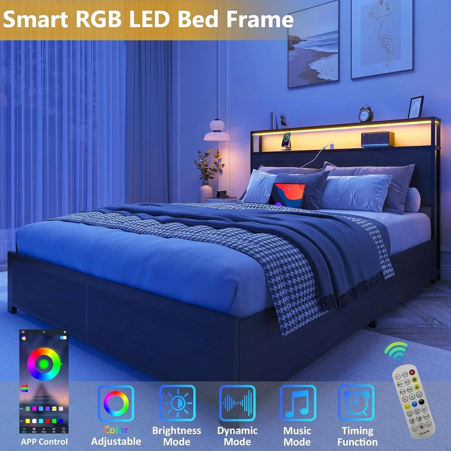 Cadre de lit Queen Lifezone avec tête de lit double et plateau de rangement en métal