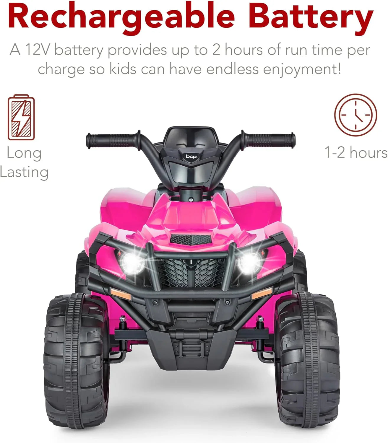 Véhicule tout-terrain électrique 12 V pour enfants, quad à 4 roues avec audio Bluetooth, vitesse maximale de 2,4 mph, pneus à crampons, phares à LED et radio.