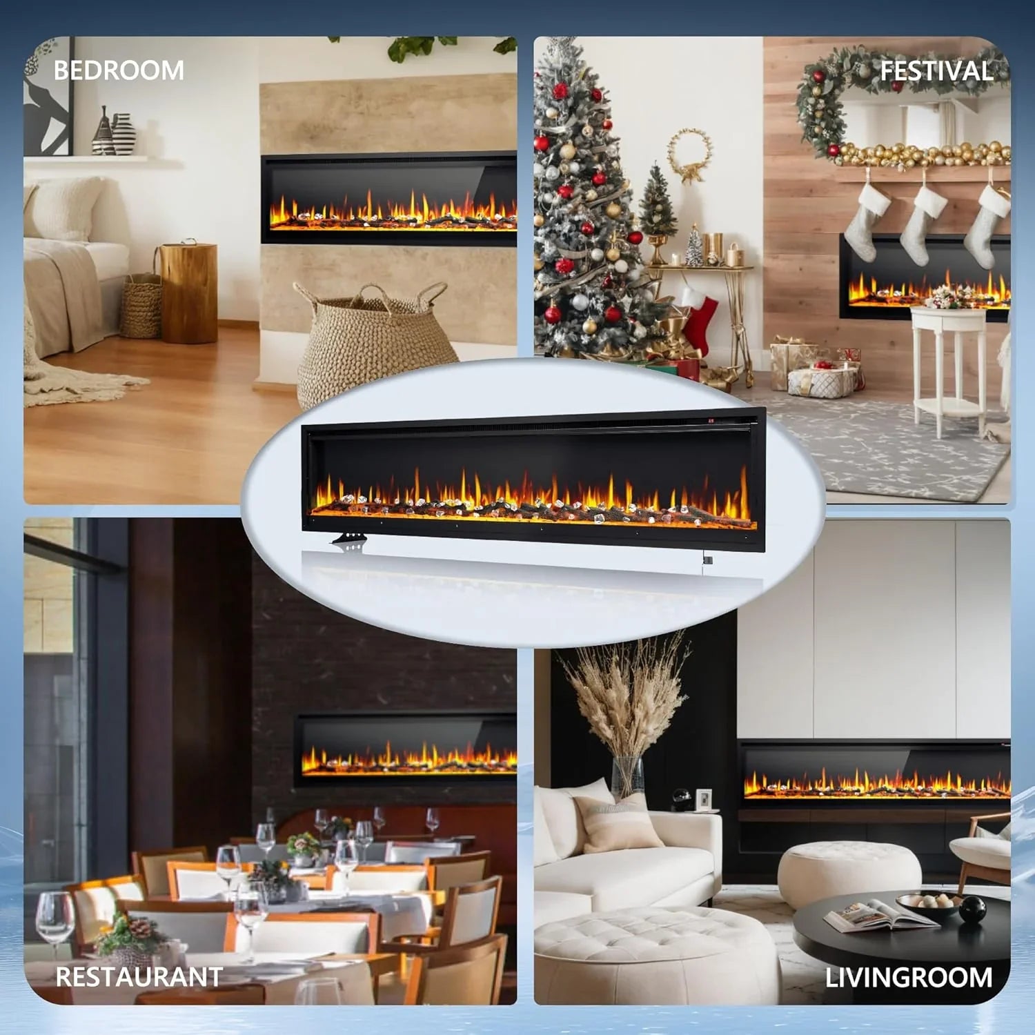 EUHOMY Cheminée électrique encastrée et murale de 50 pouces avec couleur de flamme réglable, chauffage de cheminée avec télécommande, cheminée linéaire avec minuterie, écran tactile, bûche et cristal, 750/1500 W