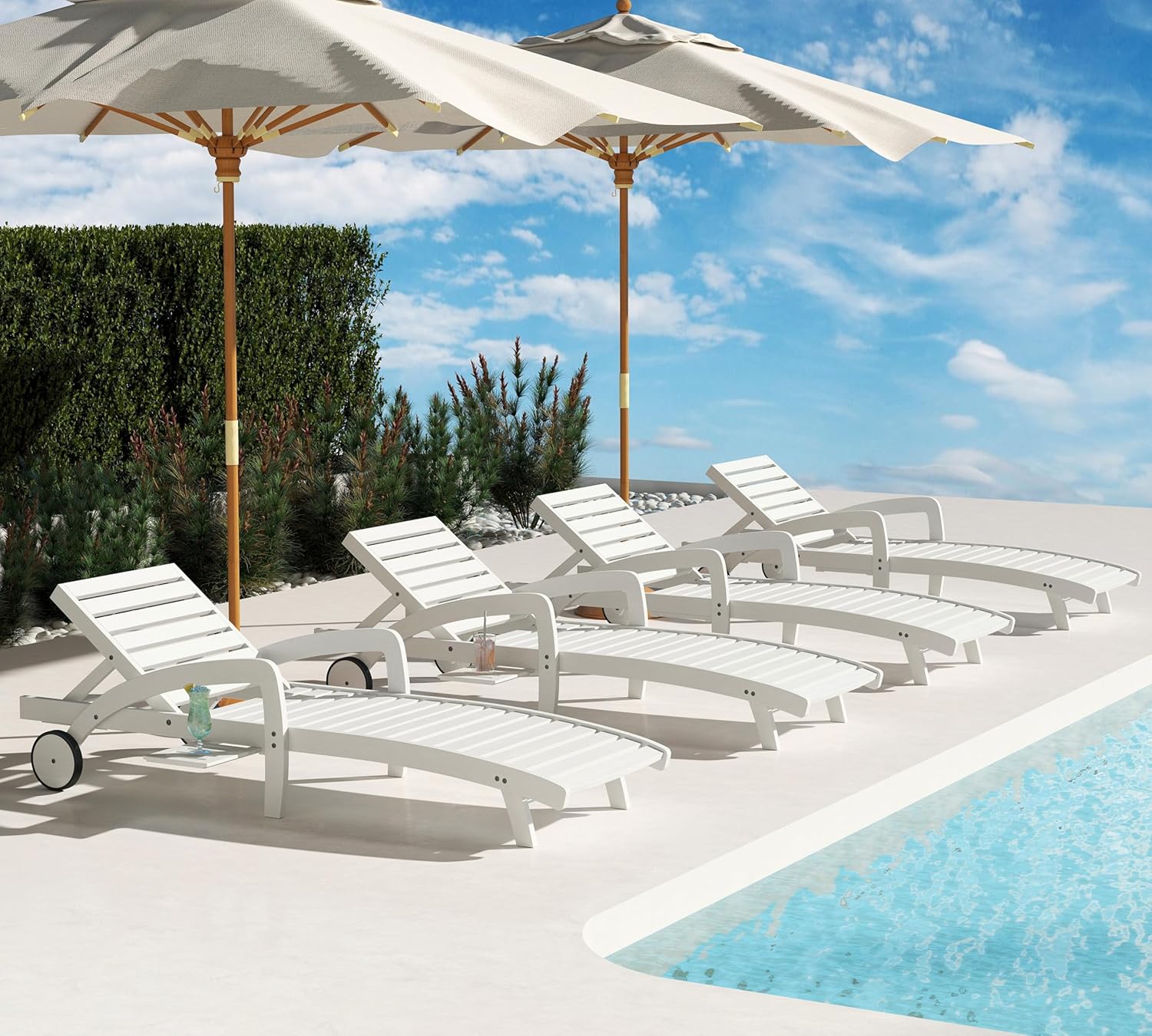 Chaise longue de piscine réglable à 5 positions Chaise longue en bois avec table d'appoint coulissante