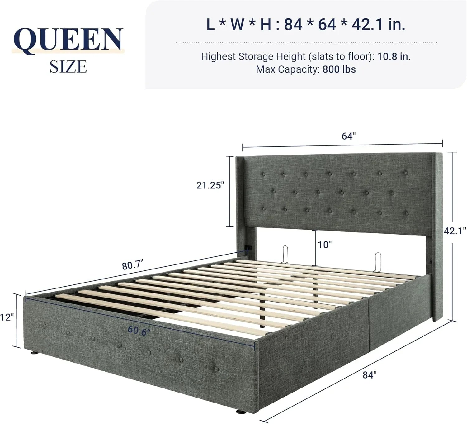 Lit queen-size relevable avec rangement Allewie, tête de lit à oreilles moderne et support hydraulique