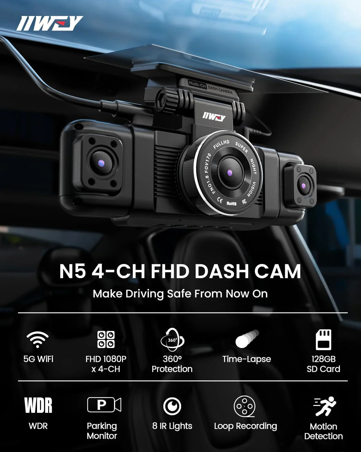 Caméra embarquée Channel Dash Cam 360°, 1080p, vision nocturne à 8 lumières infrarouges, Wi-Fi 5G et contrôle par application, accéléromètre, mode stationnement, carte SD 128 Go gratuite.