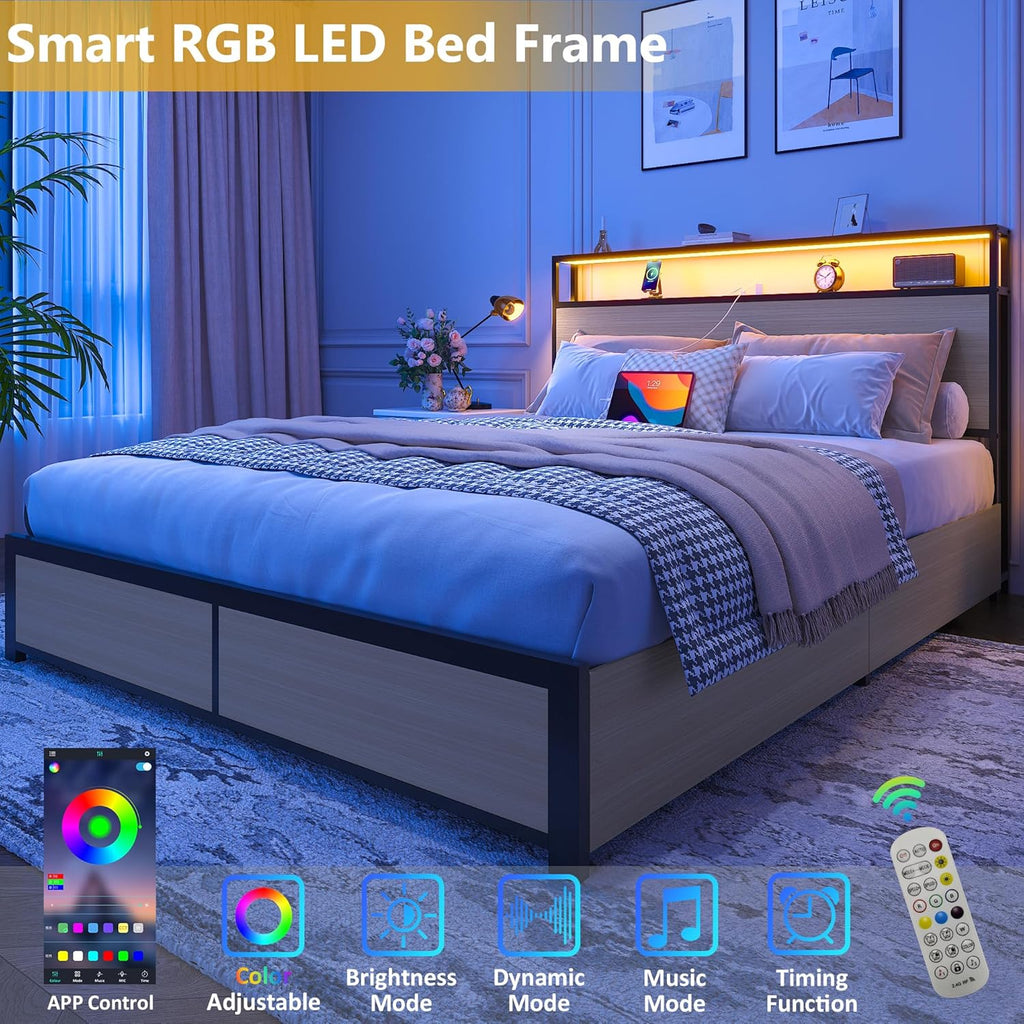 Cadre de lit Queen Lifezone avec tête de lit double et plateau de rangement en métal