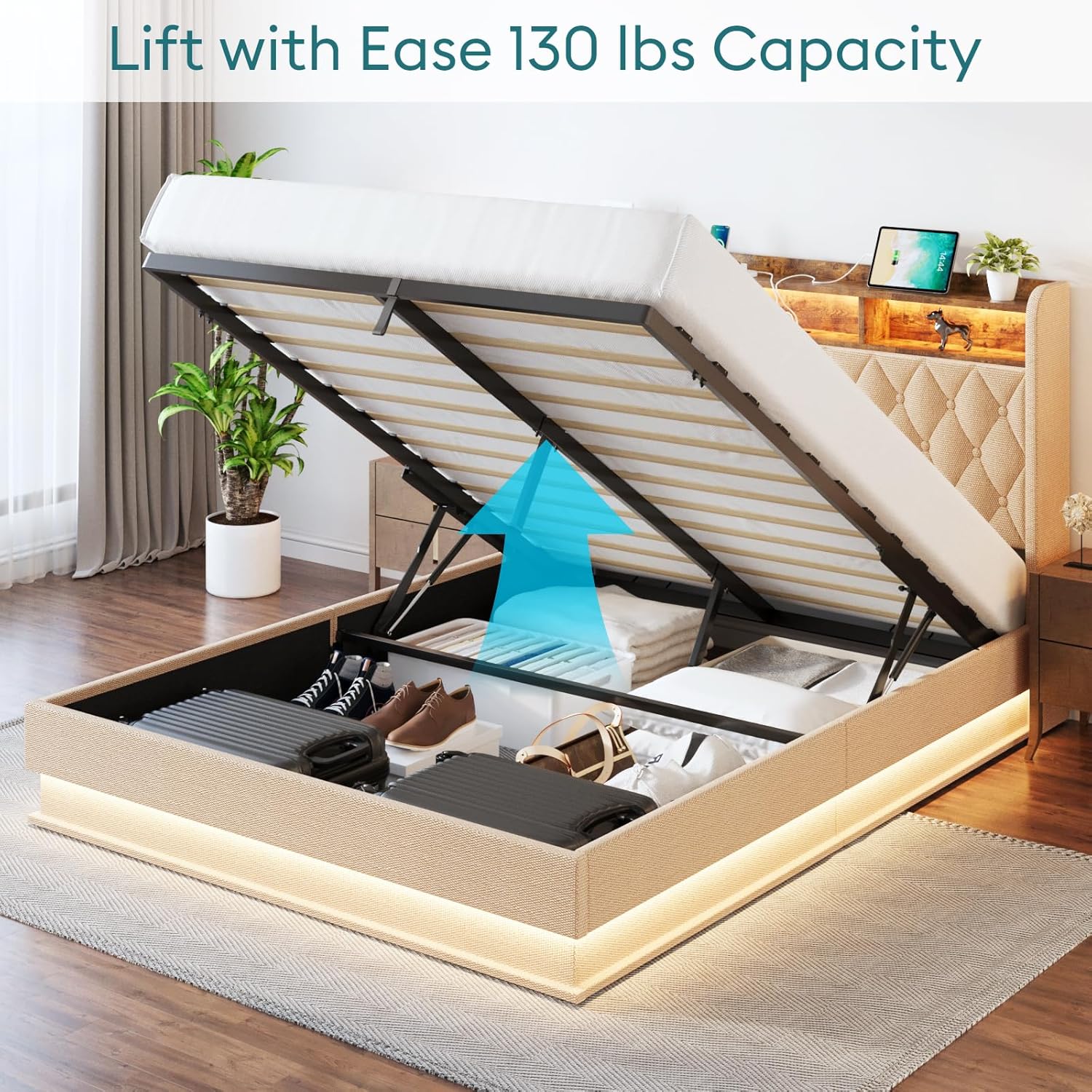 Cadre de lit Queen size avec rangement, hydraulique, sans sommier, lattes en bois