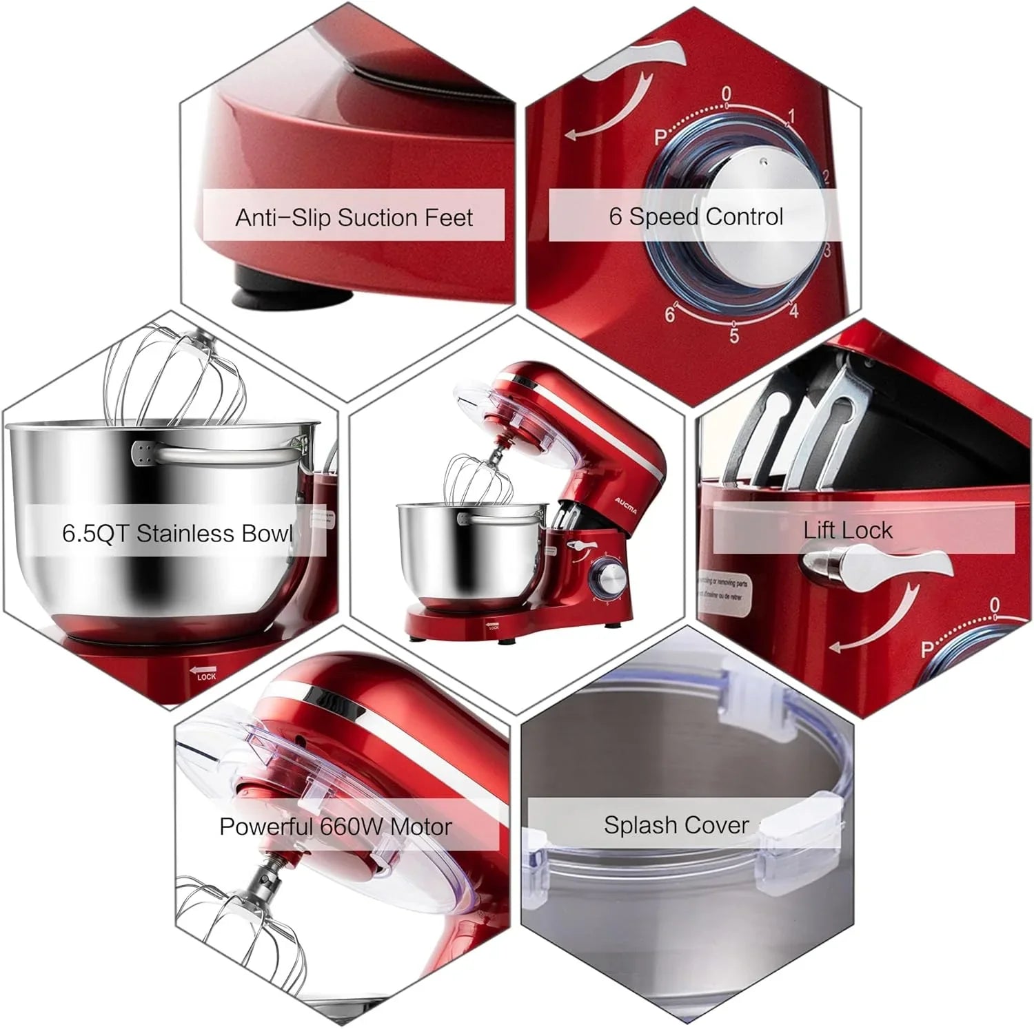 Batteur sur socle Aucma, 6,5 pintes, 660 W, 6 vitesses, tête inclinable, batteur électrique de cuisine avec crochet pétrisseur