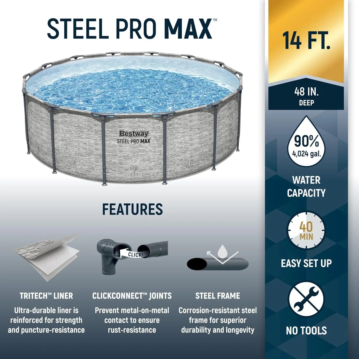 Piscine hors sol extérieure ronde Steel Pro MAX de 4,2 m x 122 cm avec cadre métallique et pompe de filtration de 1 000 litres, échelle et bâche