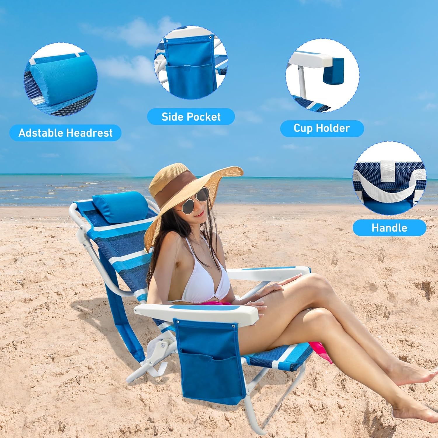 Lot de 2 chaises de plage pliantes à 5 positions avec sangles de sac à dos, sac isotherme et porte-gobelet