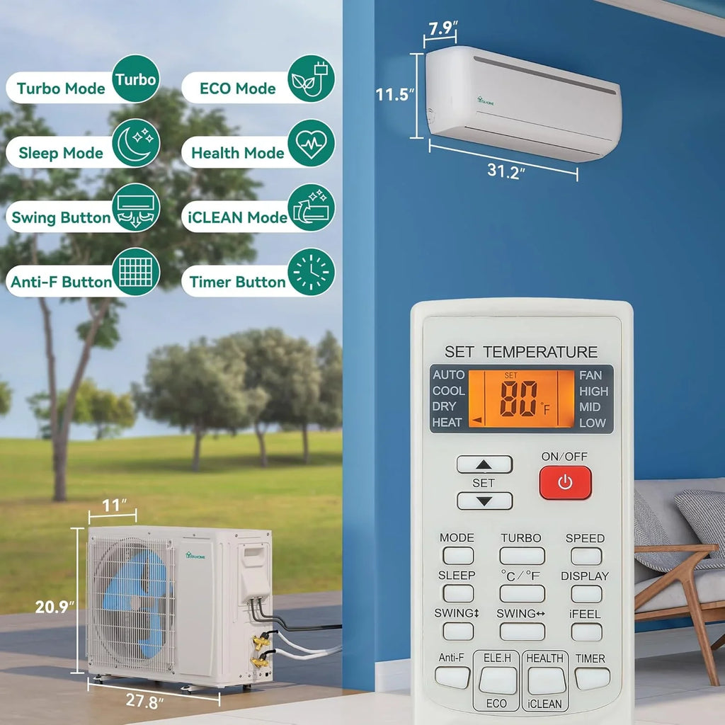 Climatiseur mini-split de 12 000 BTU avec pompe à chaleur, Wi-Fi, 20 SEER2, 115 V, sans conduit, refroidissement jusqu'à 750 pi².
