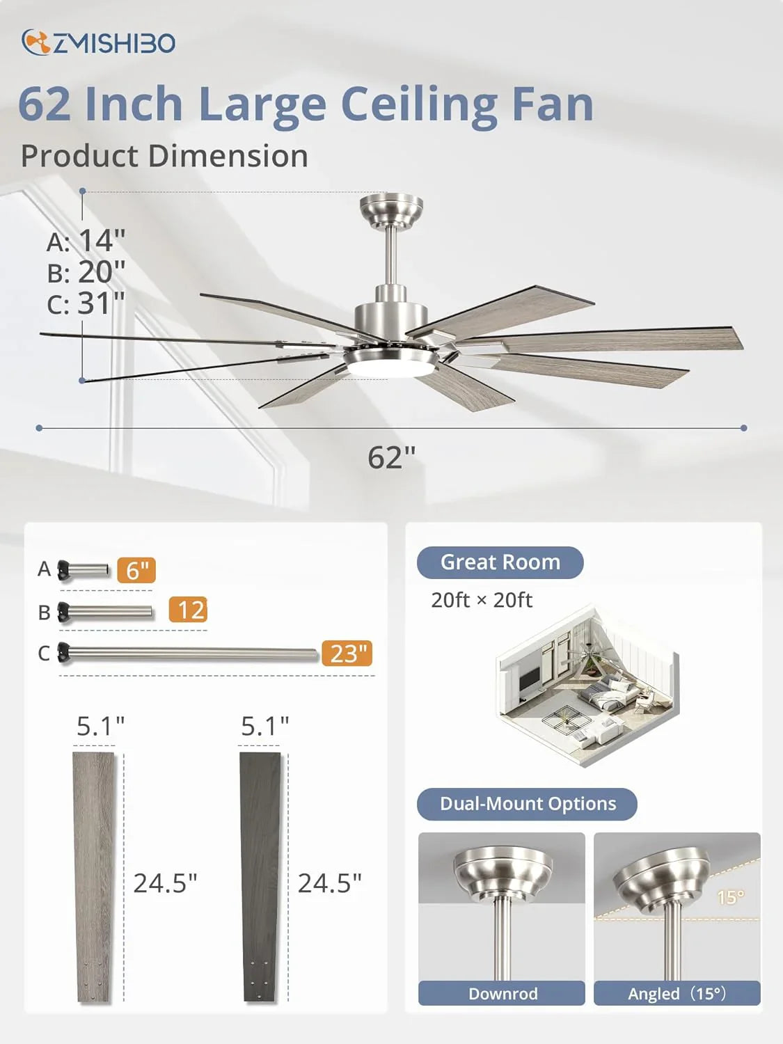 Grand ventilateur de plafond Zmishibo de 72 pouces avec éclairage et télécommande intérieur/extérieur