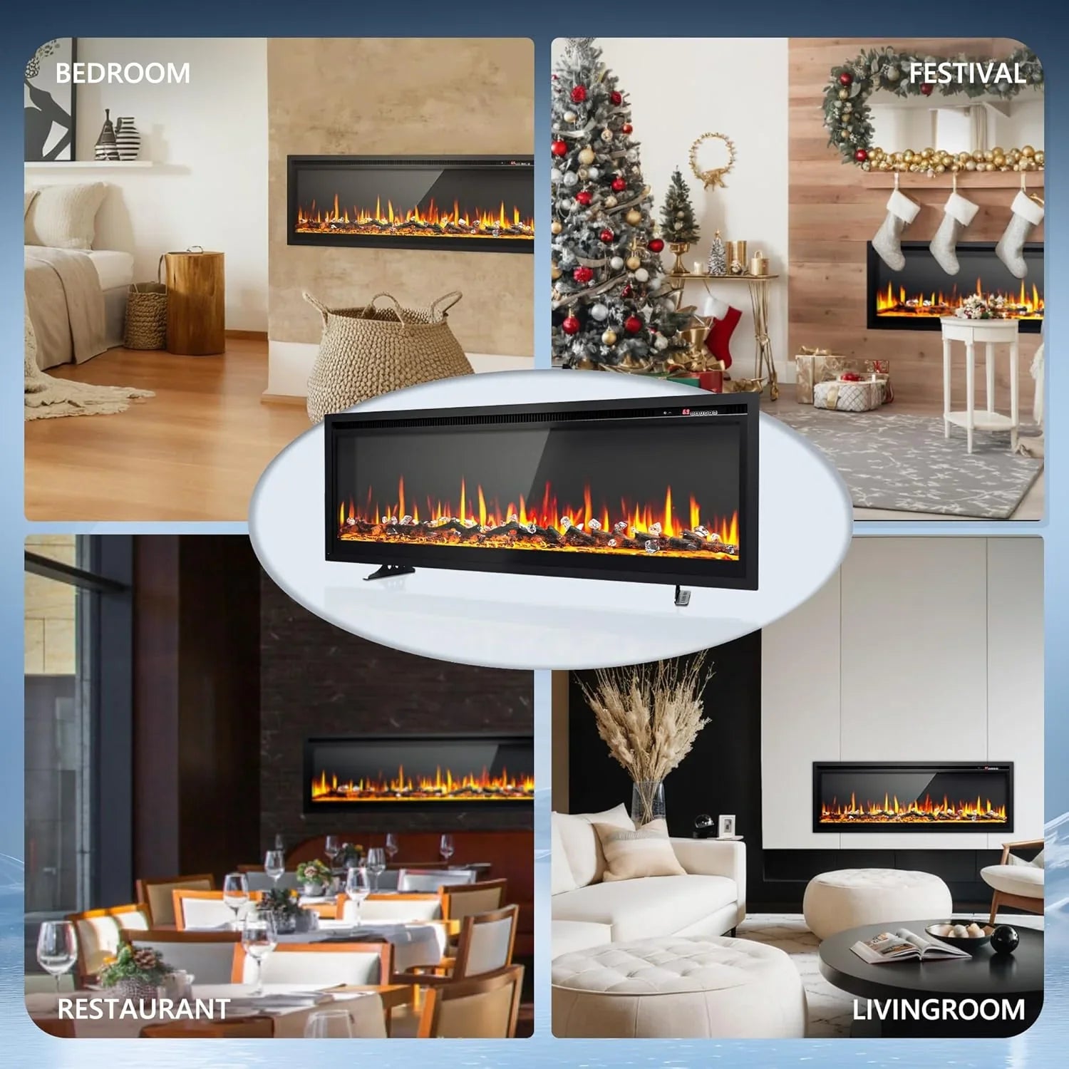 EUHOMY Cheminée électrique encastrée et murale de 50 pouces avec couleur de flamme réglable, chauffage de cheminée avec télécommande, cheminée linéaire avec minuterie, écran tactile, bûche et cristal, 750/1500 W
