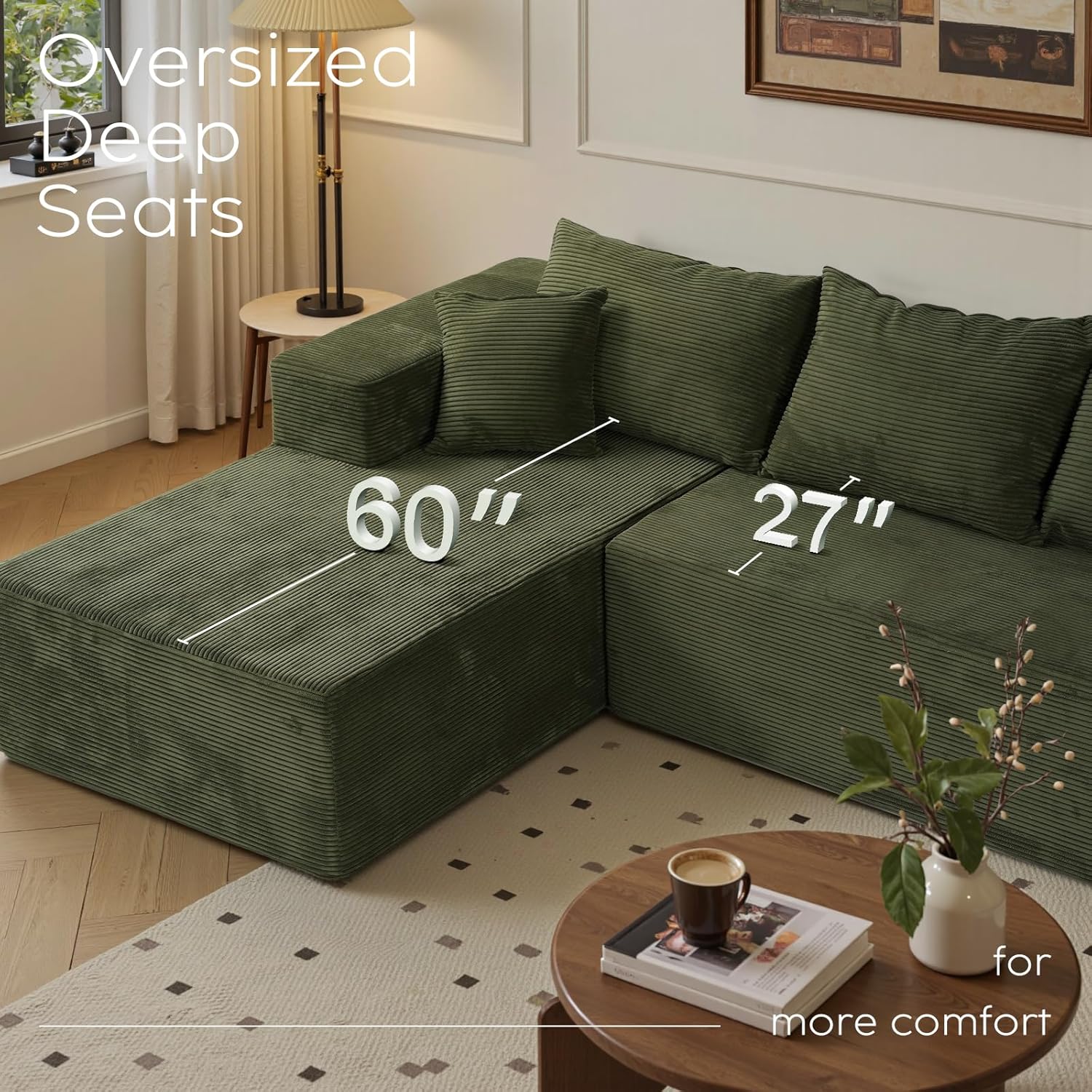 Cloud sofa with L-shaped lounge chair, modern modular sofa with deep seats