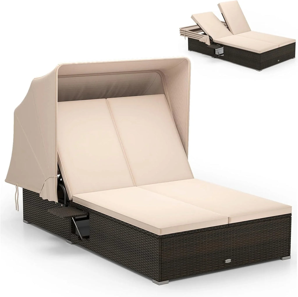 Lit de repos d'extérieur RELAX4LIFE avec auvent rétractable - Chaise longue double en osier avec dossier à 6 positions