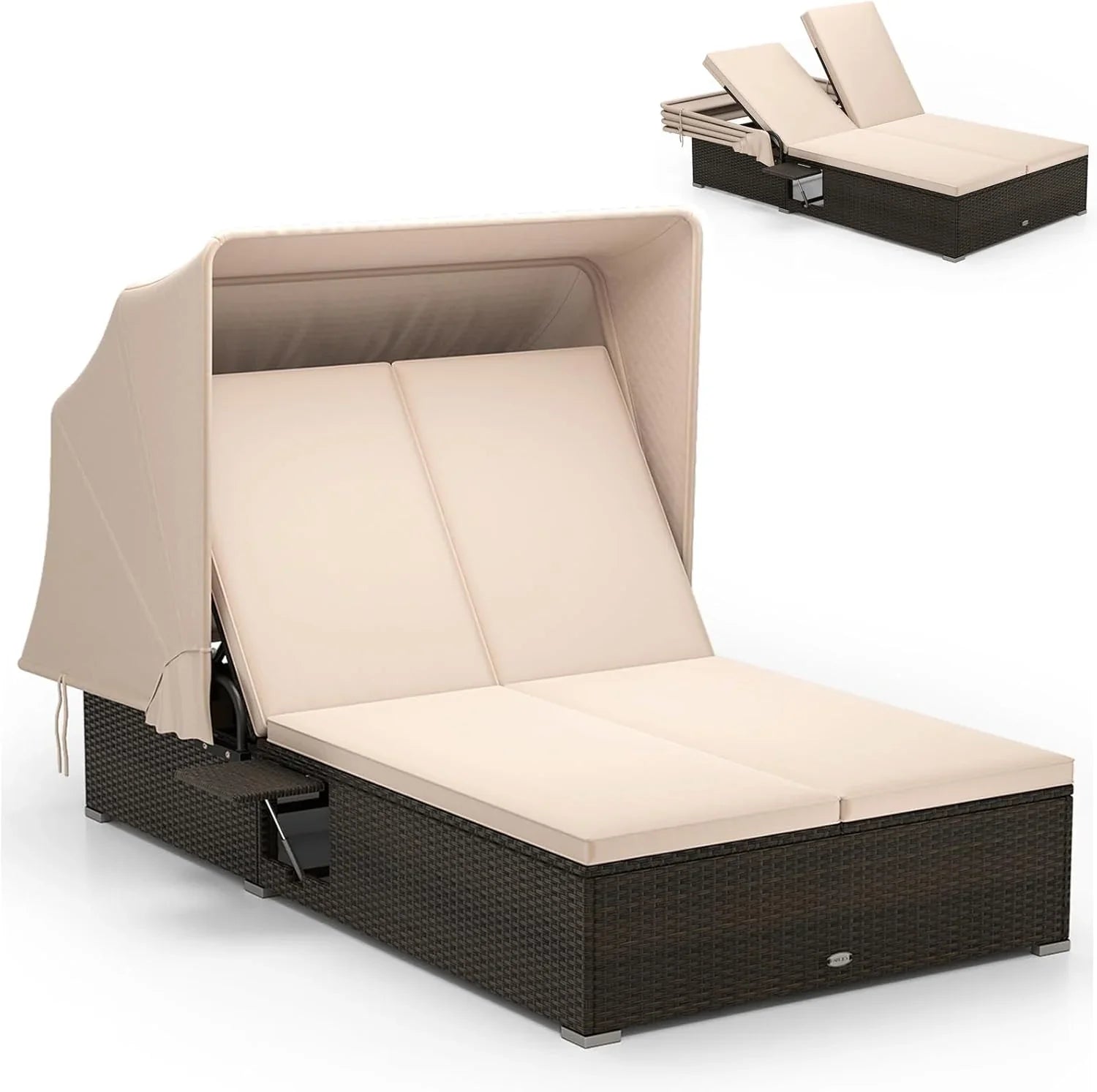 Lit de repos d'extérieur RELAX4LIFE avec auvent rétractable - Chaise longue double en osier avec dossier à 6 positions