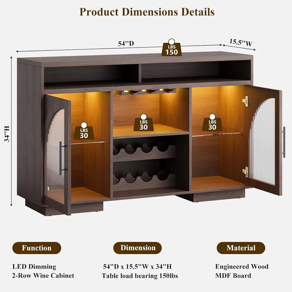 Buffet, armoire de cuisine de 54 pouces avec lumières LED et portes en verre cintrées, armoire de bar haute