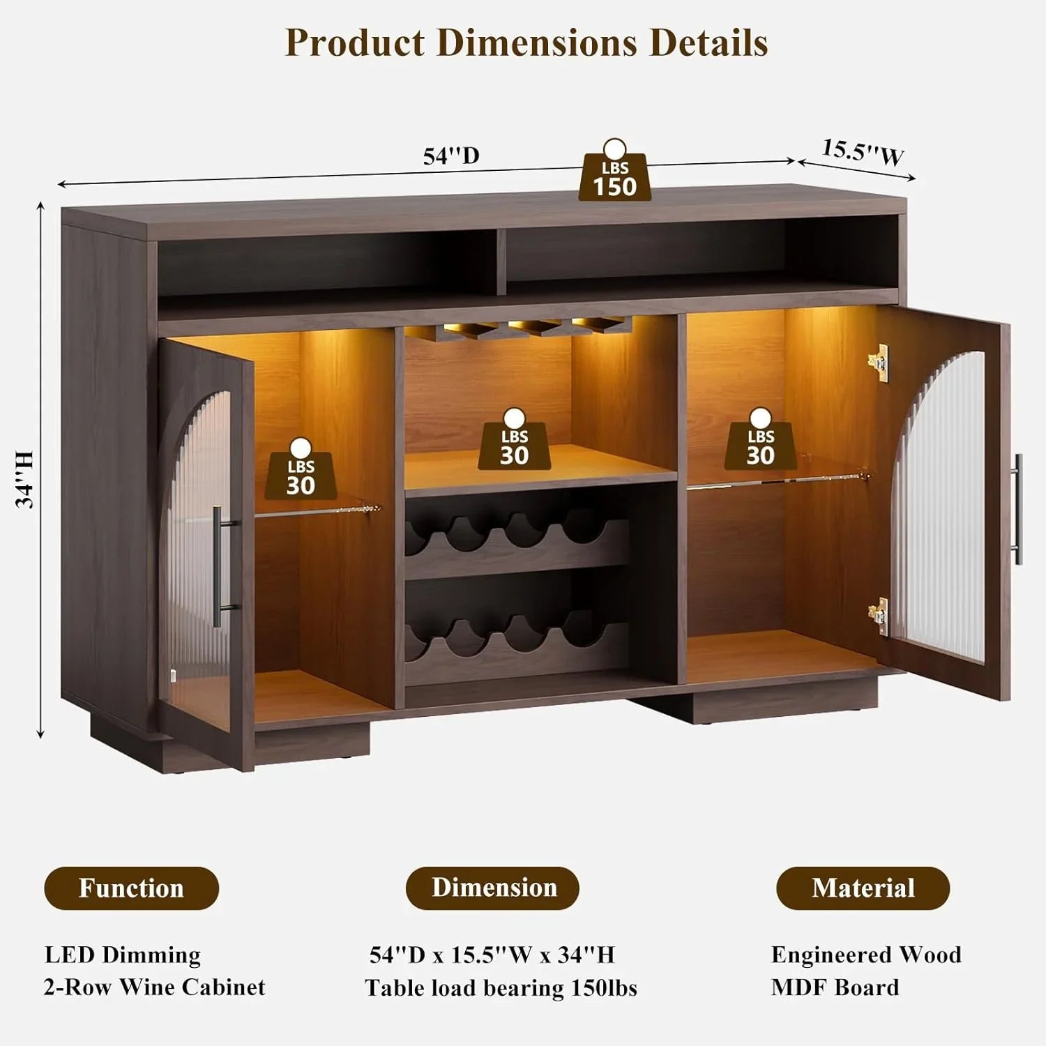 Buffet, armoire de cuisine de 54 pouces avec lumières LED et portes en verre cintrées, armoire de bar haute