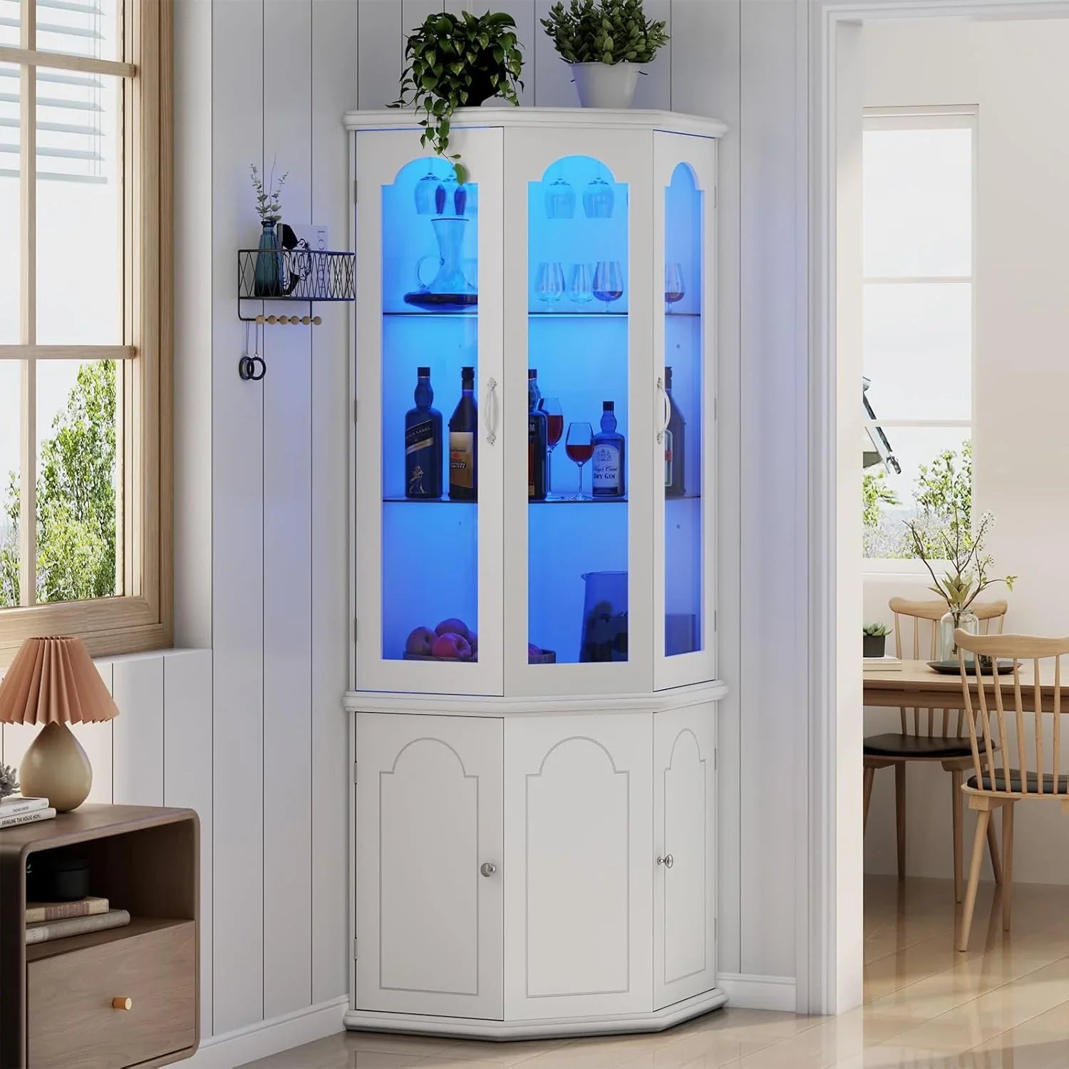 Armoire à vin d'angle avec éclairage LED, grande armoire à vin moderne, armoire de rangement à vin pour bar à domicile