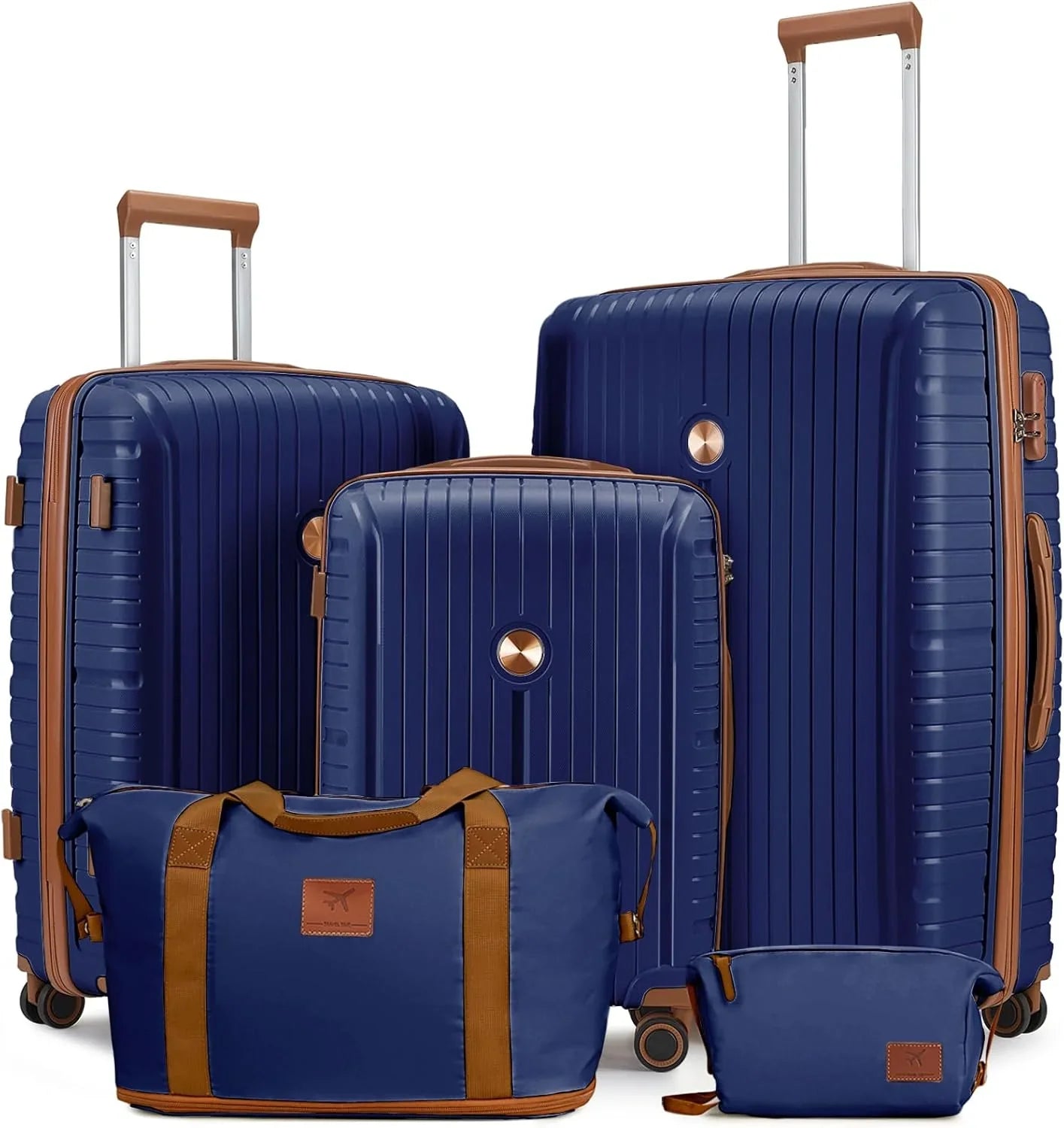 Ensemble de 5 valises de voyage légères à coque rigide en PP avec deux roulettes pivotantes et serrure TSA