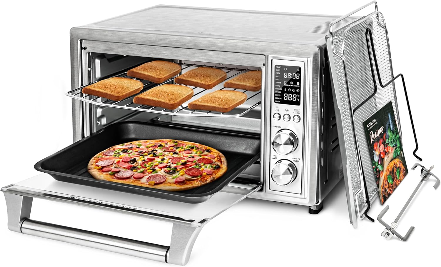 De COSORI 11-in-1 airfryer met een inhoud van 13 liter combineert grillen, roosteren, bakken en opwarmen. Inclusief recepten en 6 accessoires. 