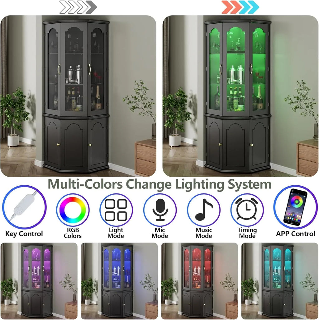 Armoire à vin d'angle avec éclairage LED, grande armoire à vin moderne, armoire de rangement à vin pour bar à domicile