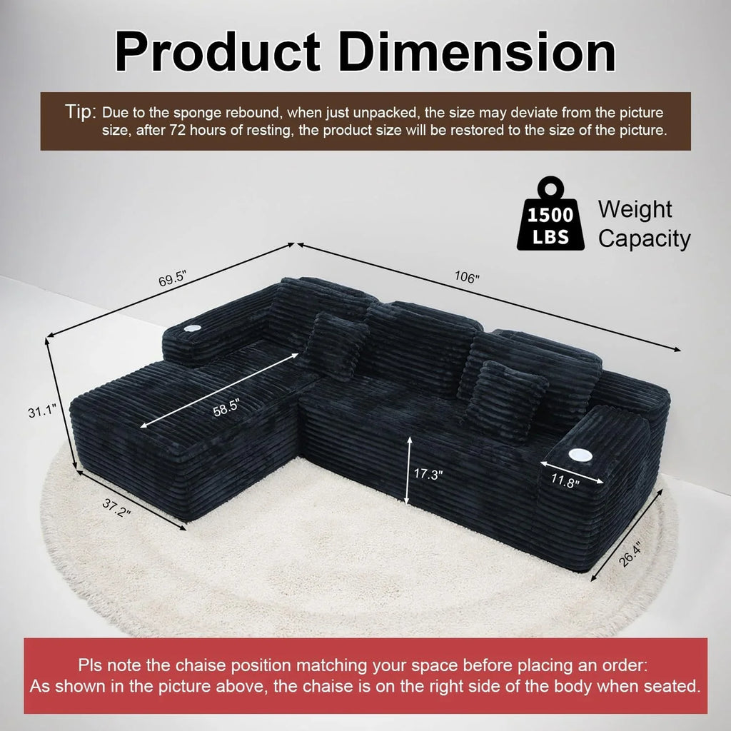 Canapé sectionnel Cloud avec méridienne en L, canapé modulaire moderne avec assise profonde, porte-gobelet intégré et poche de rangement