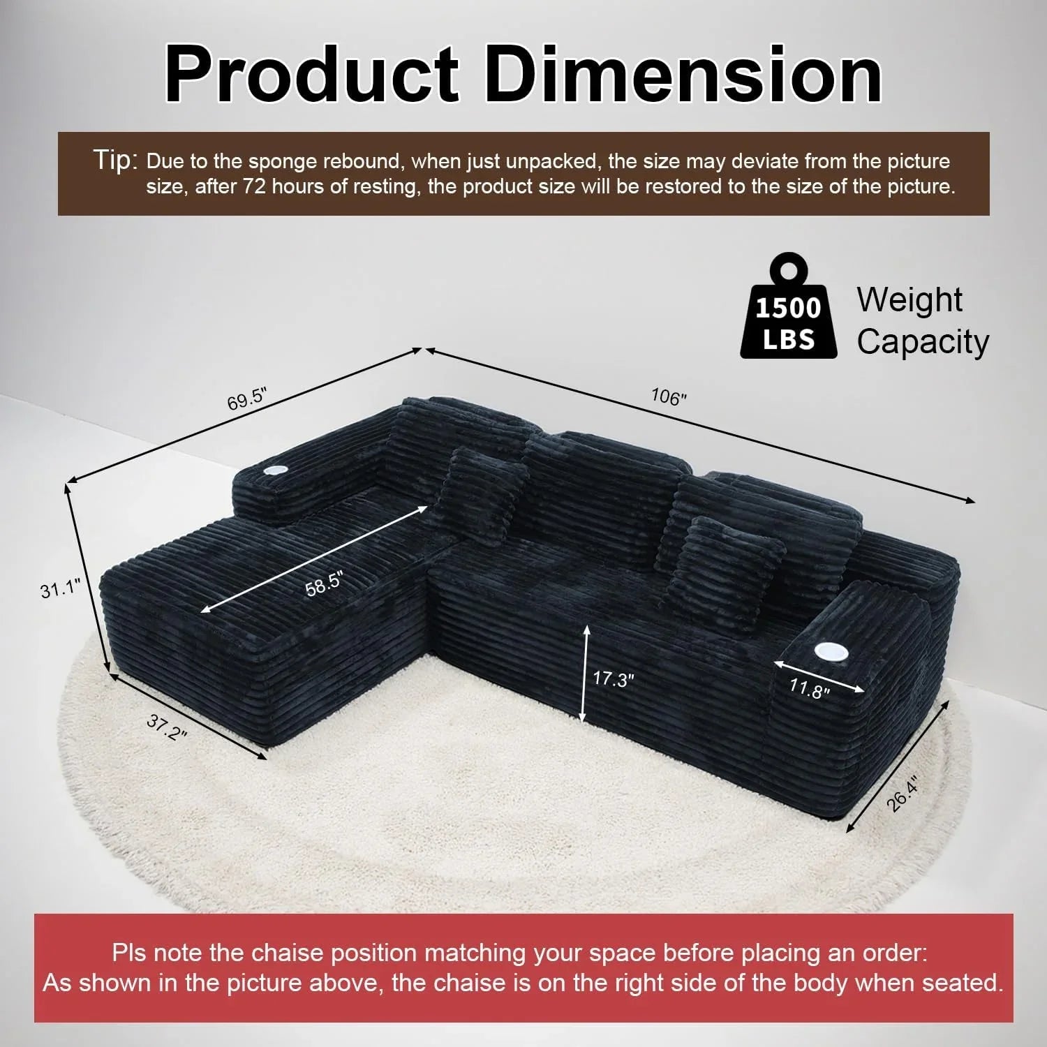 Canapé sectionnel Cloud avec méridienne en L, canapé modulaire moderne avec assise profonde, porte-gobelet intégré et poche de rangement