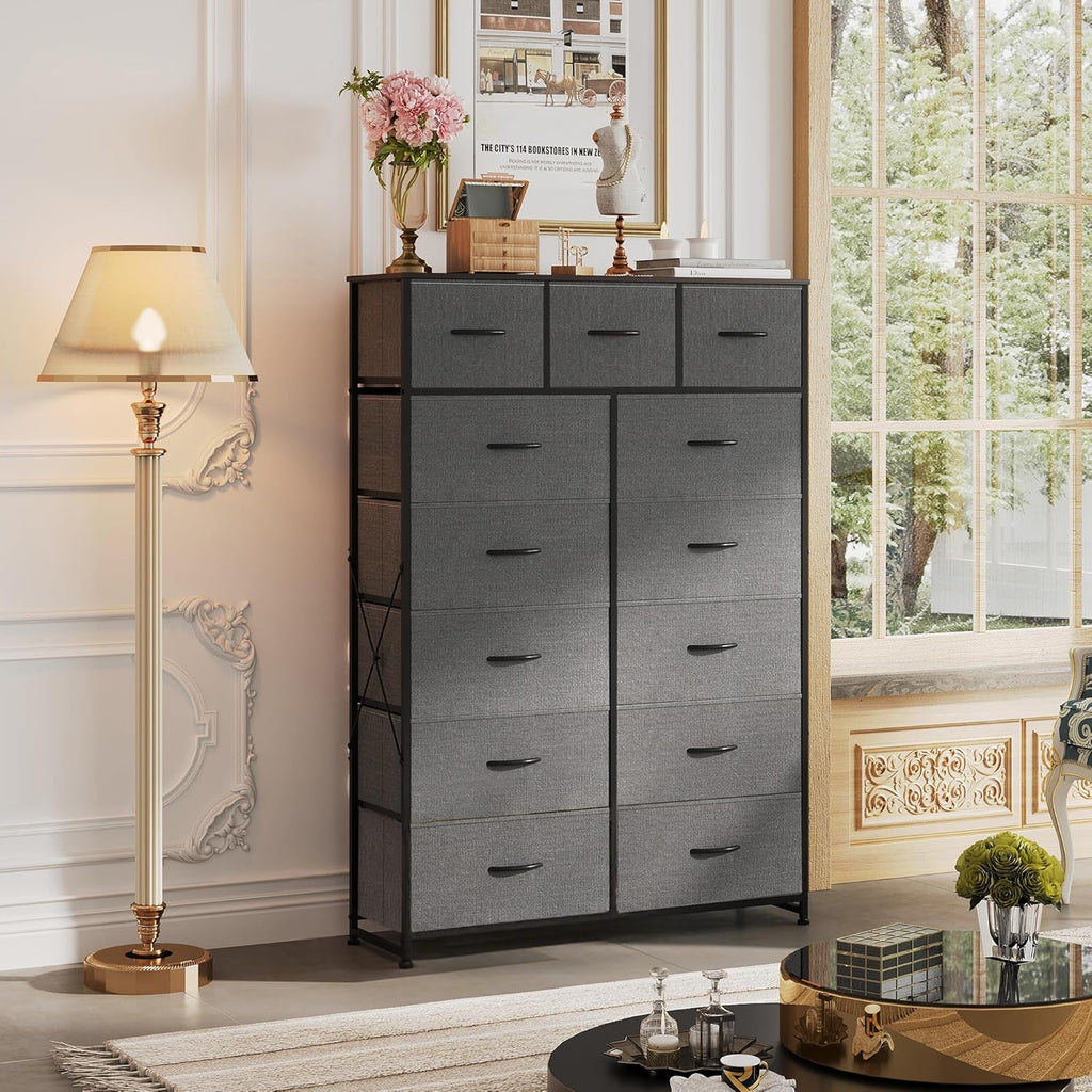 Meuble de rangement WLIVE avec 13 bacs en tissu, tiroirs de rangement avec cadre en acier, grande tour de rangement pour salon, couloir, bureau, noir anthracite