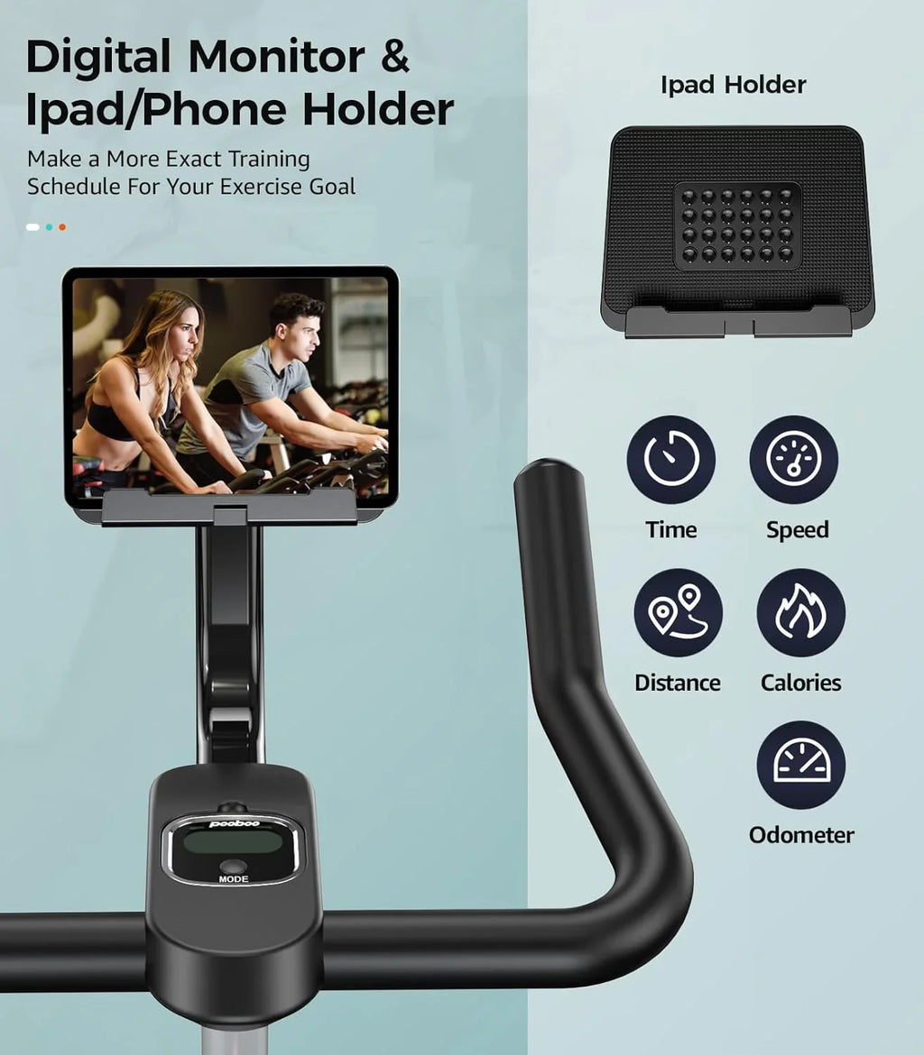 Vélo d'appartement Pooboo, résistance/frein magnétique réglable, transmission par courroie silencieuse