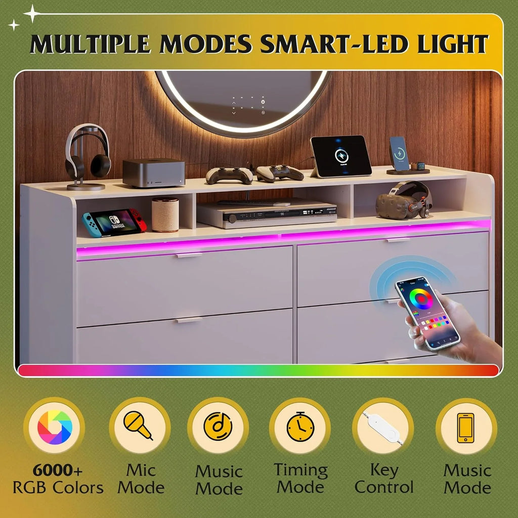 Commode LED à 9 tiroirs pour chambre à coucher, 148 cm de large, organiseur de rangement en bois avec prise électrique