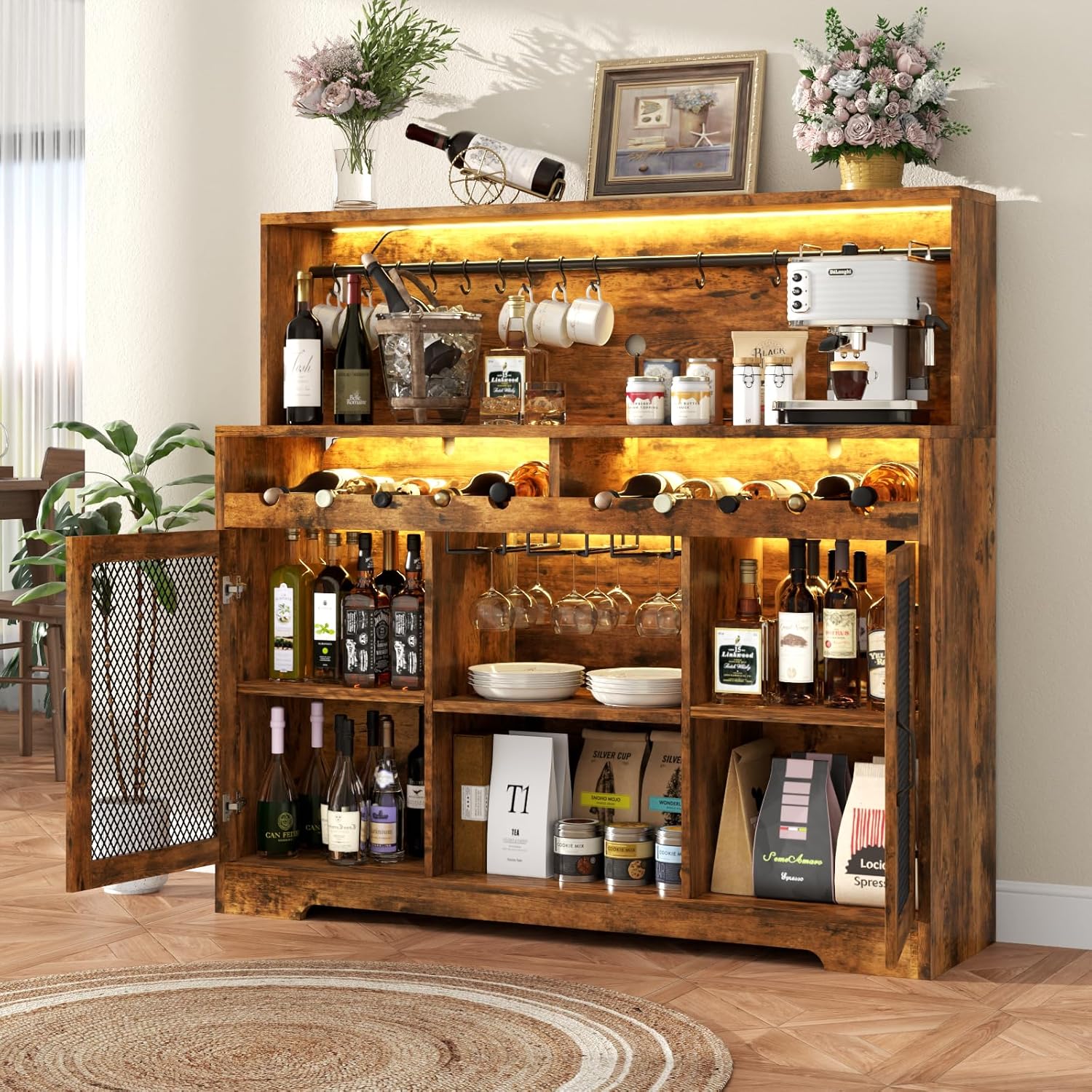 Bar à vin avec éclairage LED, meuble à liqueur avec porte-verres, bar à café pour liqueurs, buffet de rangement avec casiers à vin, armoire à vin