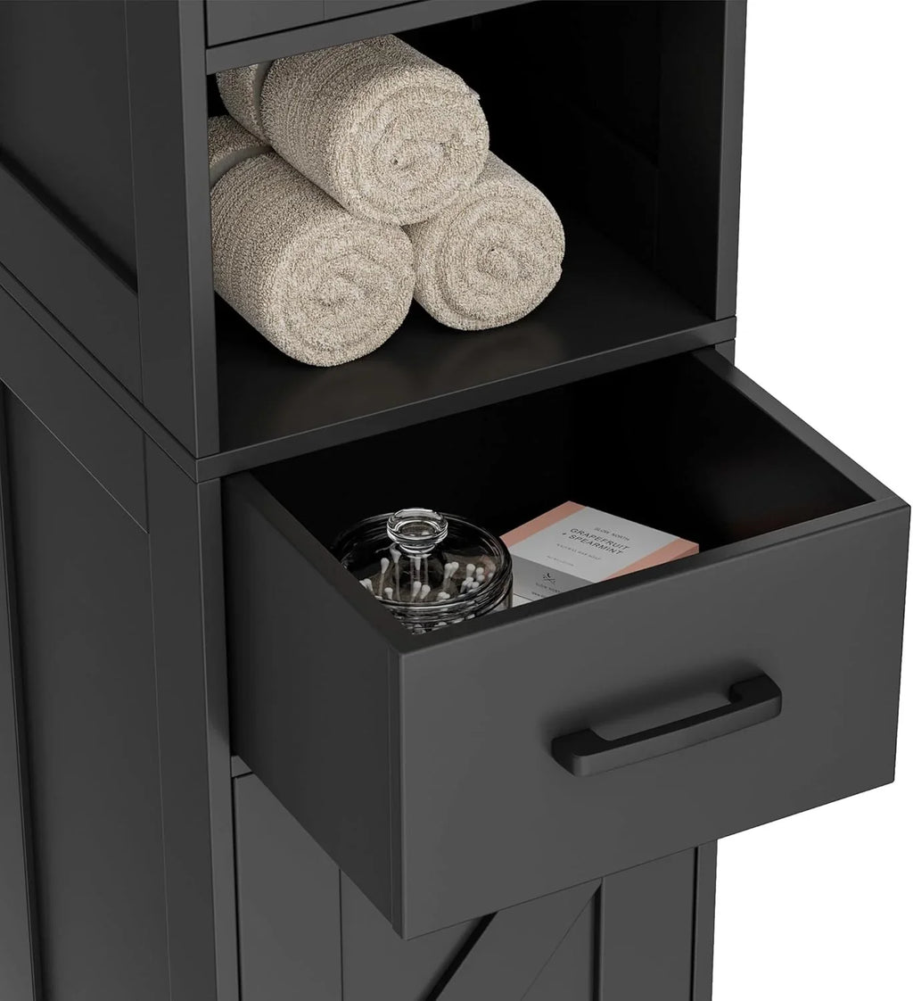 Meuble de rangement de salle de bain Homhedy de 67 po de hauteur avec 2 portes de grange et 1 tiroir