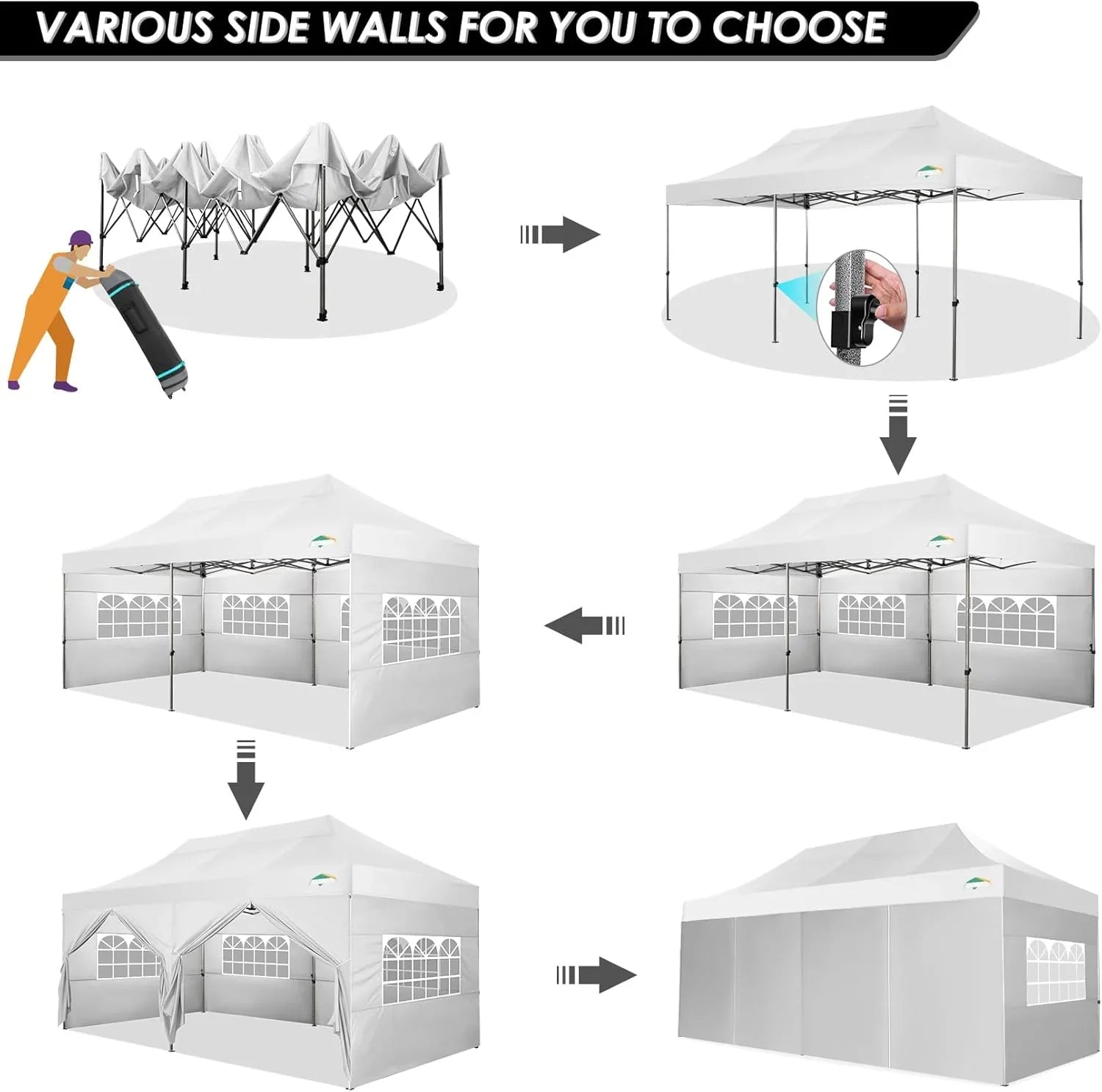 Tente pop-up robuste COBIZI 10x20 avec 6 parois latérales, facile à installer