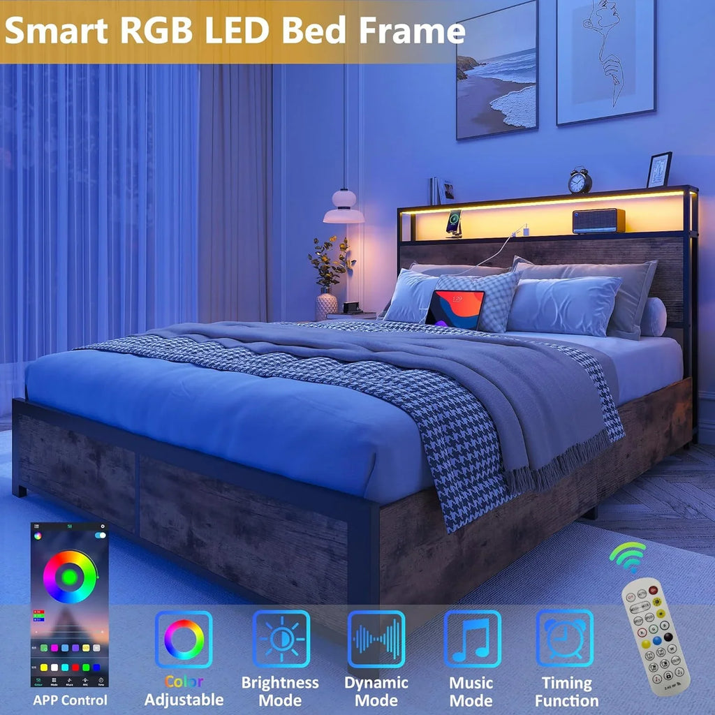 Cadre de lit Queen Lifezone avec tête de lit double et plateau de rangement en métal