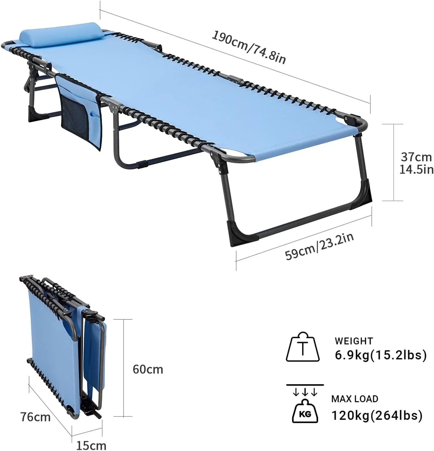 Lot de 2 chaises longues d'extérieur - Chaise longue pliante portable pour patio, piscine, camping, inclinable et réglable sur 5 positions