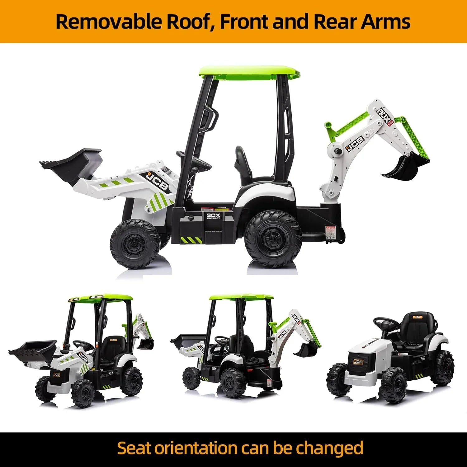 Pelleteuse autoportée JCB 12 V, jouet pour enfants de 4 à 8 ans, véhicule électrique pour enfants avec tracteur, bulldozer, bras de creusement et pelle rétrocaveuse.