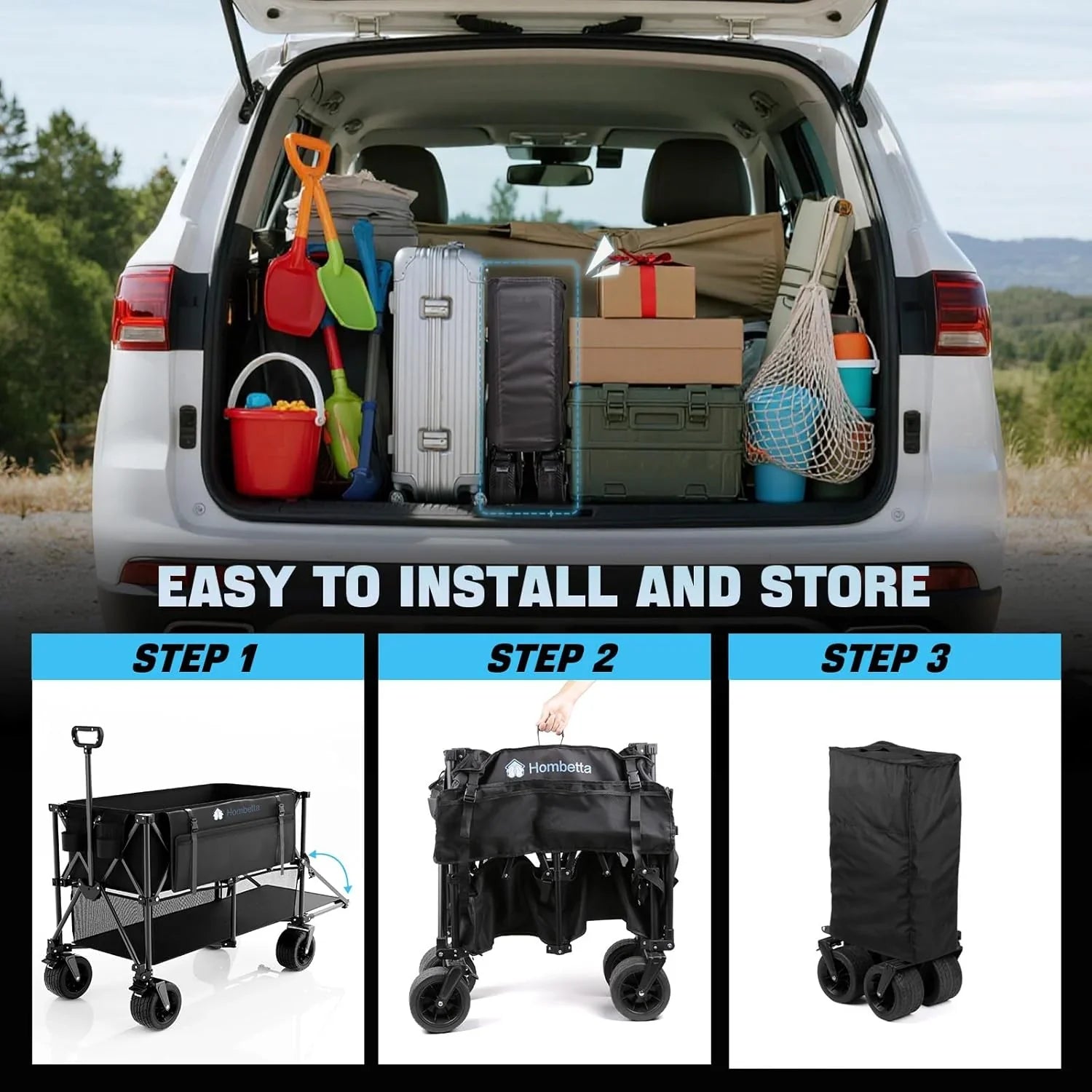 Chariot de voyage pliable extra large de 48 pouces, capacité de 254 kg, chariot utilitaire robuste de 350 L avec freins et roues tout-terrain.