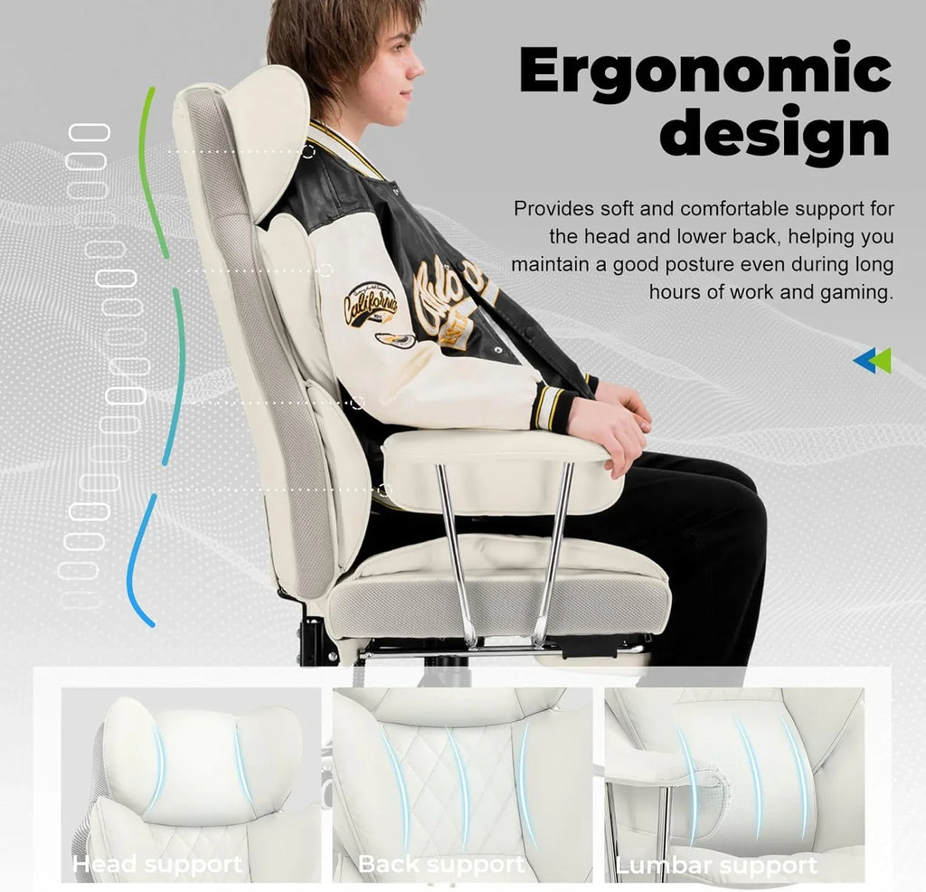 Grande chaise de bureau à dossier haut, chaise de jeu en cuir à dossier haut avec repose-pieds