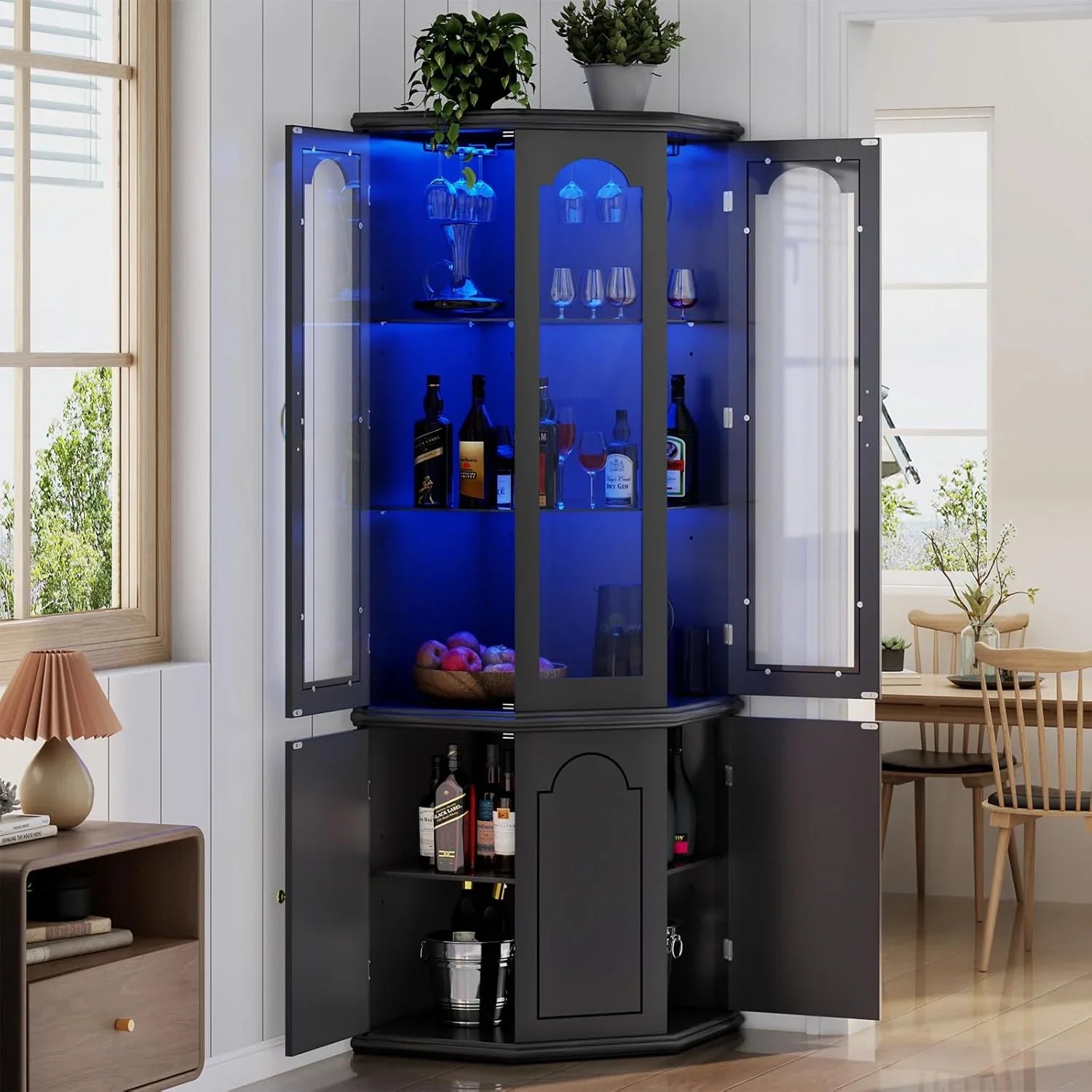 Armoire à vin d'angle avec éclairage LED, grande armoire à vin moderne, armoire de rangement à vin pour bar à domicile
