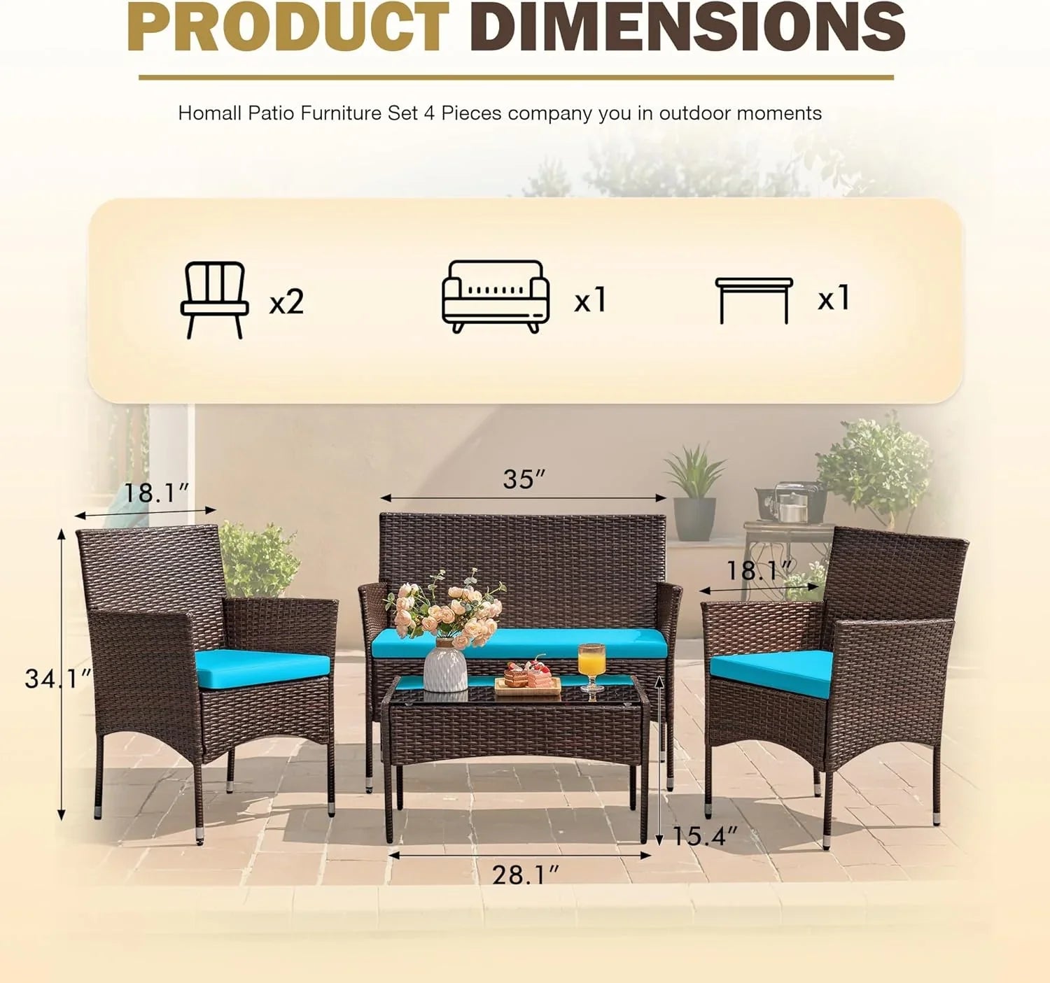 Ensemble de meubles de patio extérieur Homall 4 pièces avec chaises en rotin et osier