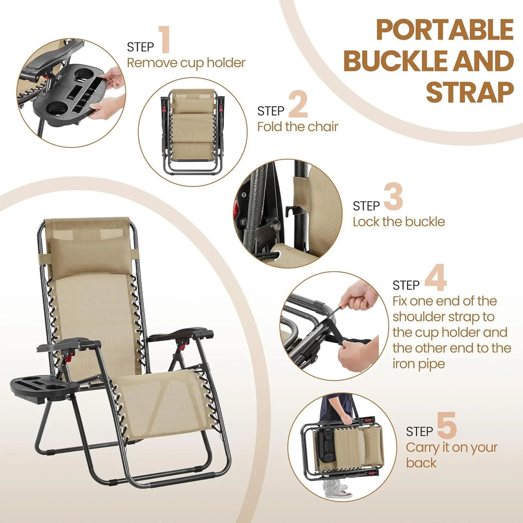 Ensemble de 3 chaises inclinables portables d'extérieur à gravité zéro avec table d'appoint et chaises longues pliantes