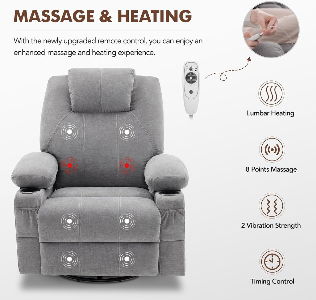 Grand fauteuil inclinable pivotant à bascule avec fonction chauffage et massage, canapé simple pivotant à 360 degrés