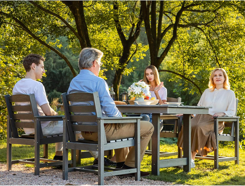 Ensemble de salle à manger d'extérieur en PEHD, 7 pièces, avec table découpée pour parasol et 6 chaises