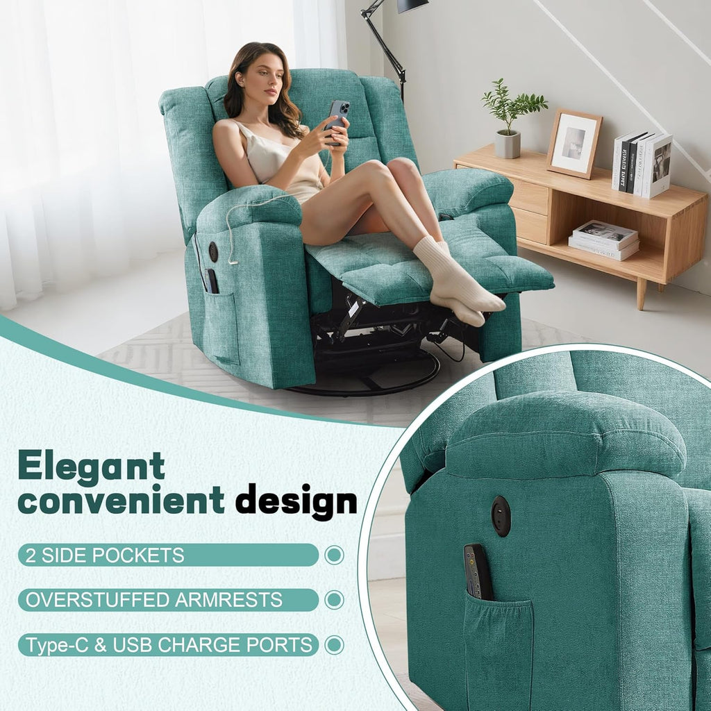Fauteuil à bascule pour adulte, fauteuil inclinable coulissant, fauteuil à bascule rotatif à 360° avec fonction massage et chauffage
