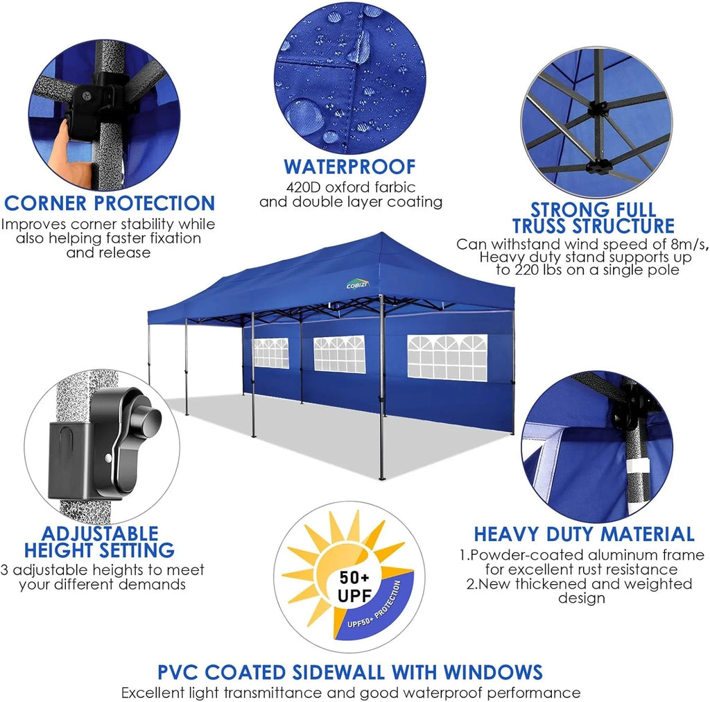 Tente pop-up robuste COBIZI 10x20 avec 6 parois latérales, facile à installer
