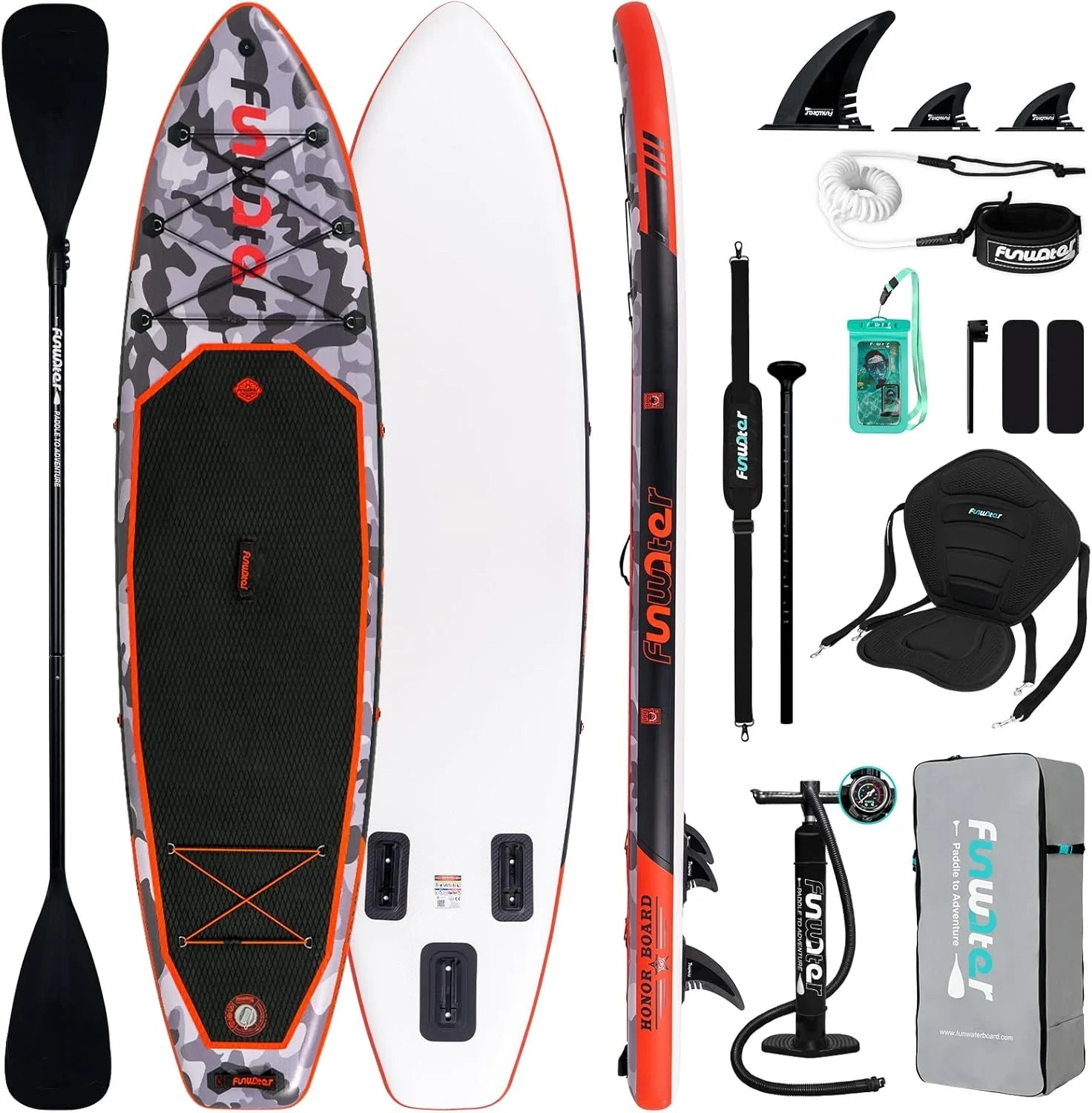 Planche de stand up paddle gonflable FunWater avec accessoires de pagaie SUP haut de gamme, pont EVA antidérapant, pagaie 11'/10'6'