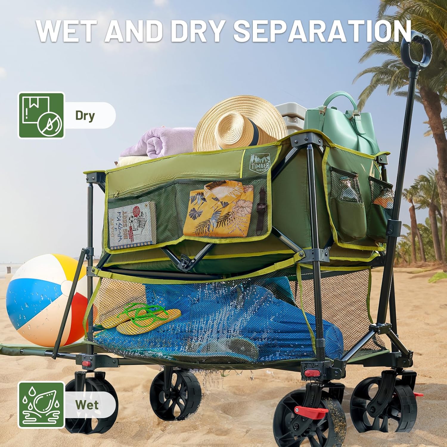 Chariot pliable à deux étages de grande capacité de 400 L avec freins, chariot extra-long de 54 pouces, chariot pliable robuste de 450 livres