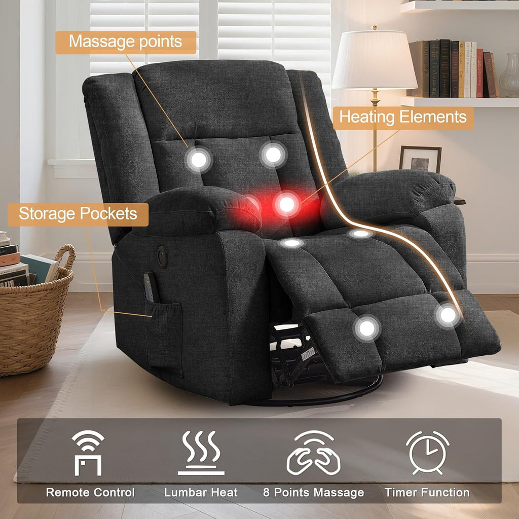 Fauteuil à bascule pour adulte, fauteuil inclinable coulissant, fauteuil à bascule rotatif à 360° avec fonction massage et chauffage